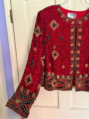 Papell Boutique Red Beaded Embroidered Jacket with Gold & Black Accents